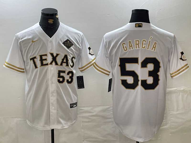 Men%27s Texas Rangers #53 Adolis Garcia Number White Gold Cool Base Stitched Baseball Jersey